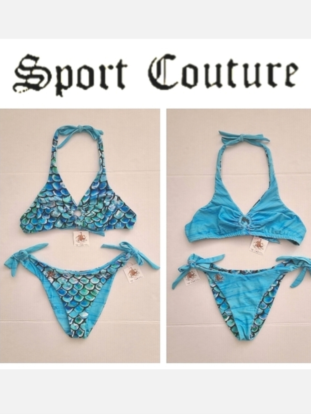 Sport Couture Aqua Blue Mermaid Print Reversible UPF 50+ Bikini Sz M NWT